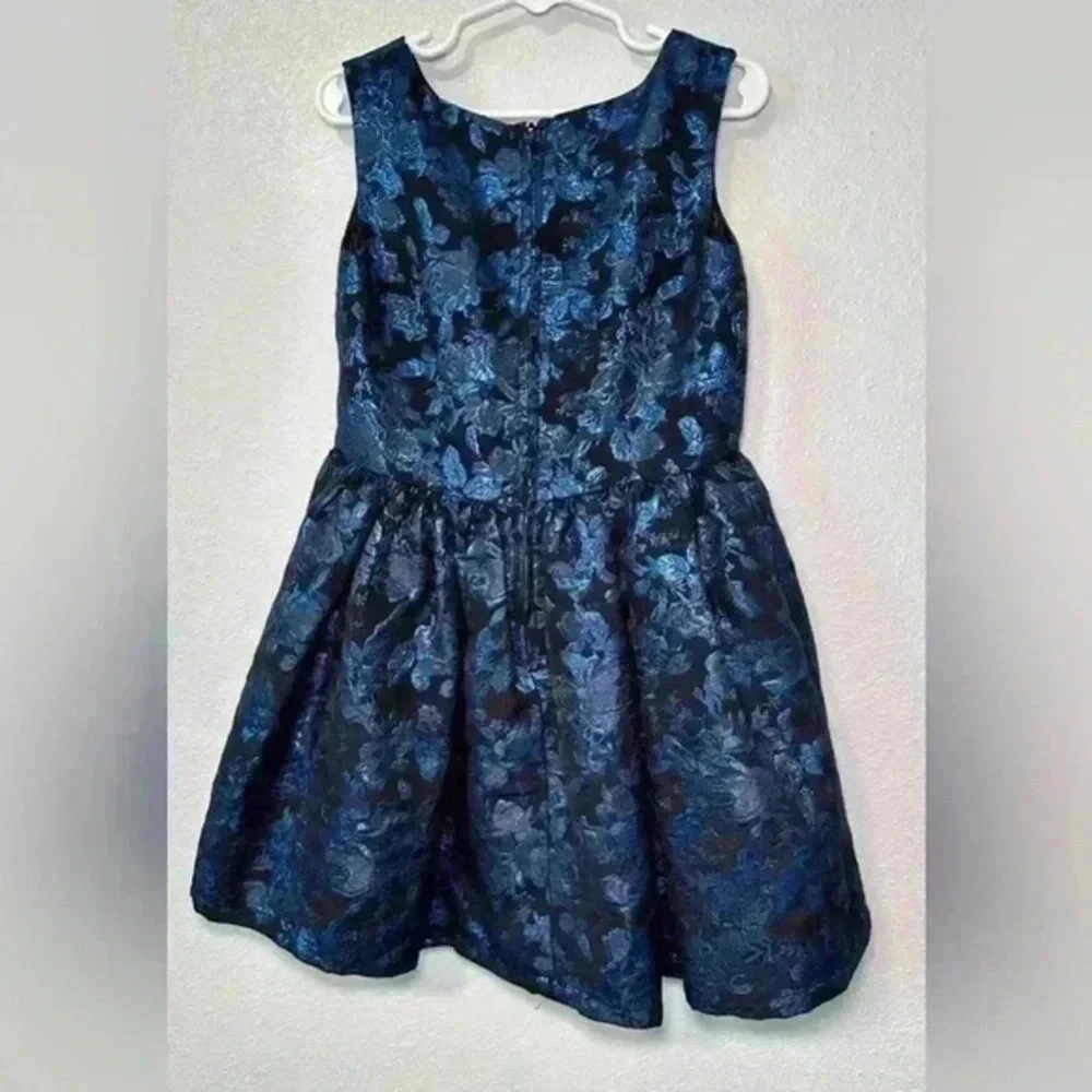 The Childrens Place Girls Dress Size 6 Blue Black Metallic Floral Jacquard Party